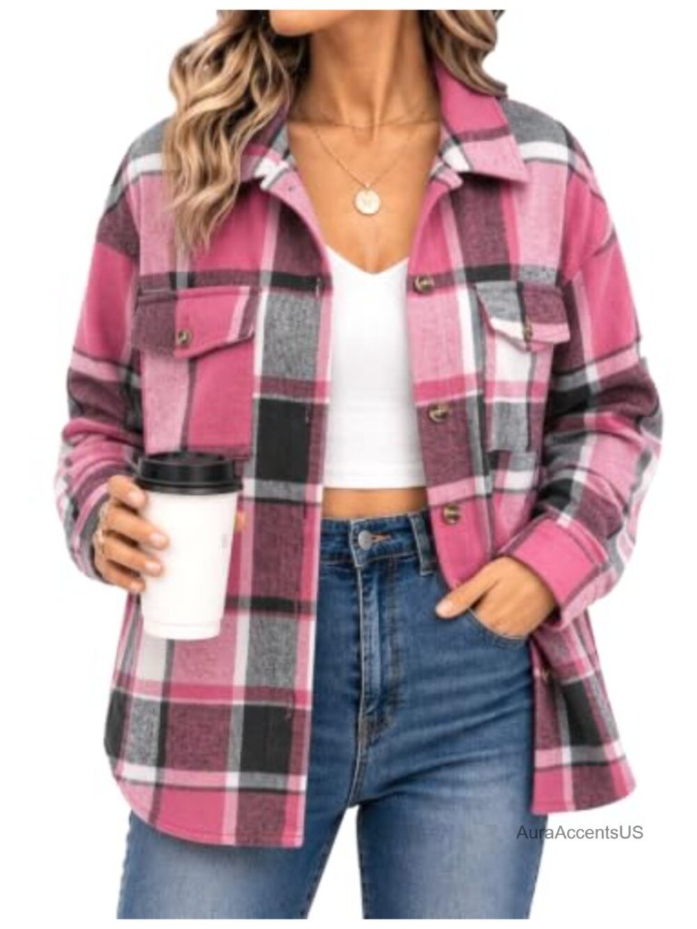 Women's Flannel Plaid Long Sleeve Button Down Jacket